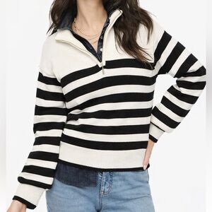 J. Crew Factory 1/4 Zip Striped Sweater Pearl Pendant Ribbed Trim Nautical Sz M